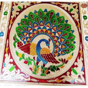 Peacock Designed Wooden Handmade Rajwadi Chowki (18"X18"X12")-G.M.